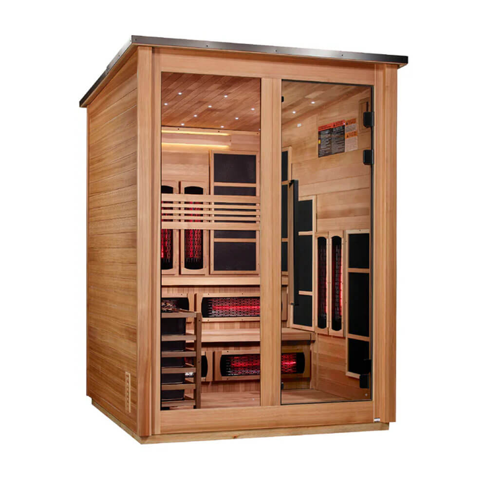 ***New 2026 Model*** Golden Designs "Kaskinen" 6 Person, Pacific Cedar Barn Hybrid (PureTech™ Full Spectrum IR or Traditional Stove) Outdoor Sauna (GDI-8526-02)